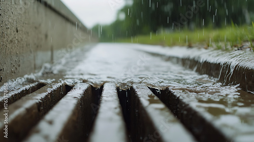 A close-up shot of rainwater flowing into a drainage system on a street. The rain is heavy, and the water is rushing into the drain. Creates a serene, yet powerful urban scene.