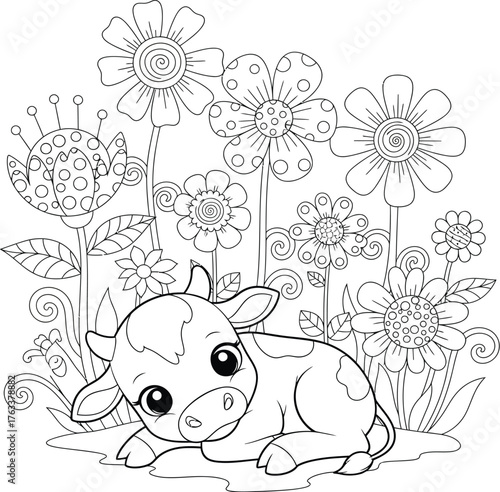 Adorable baby calf resting amongst whimsical doodle flowers, perfect for children's coloring books, farm animal themes, and cute nature illustrations.