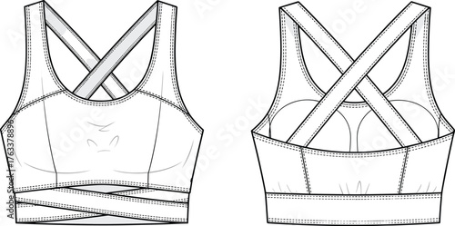 Women's criss cross strap sports bra front and back view, activewear fashion flat sketch, vector CAD drawing, apparel design illustration