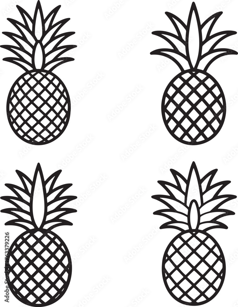 Fototapeta premium Set of Pineapple Outline vector illustration isolated On Transparent Background