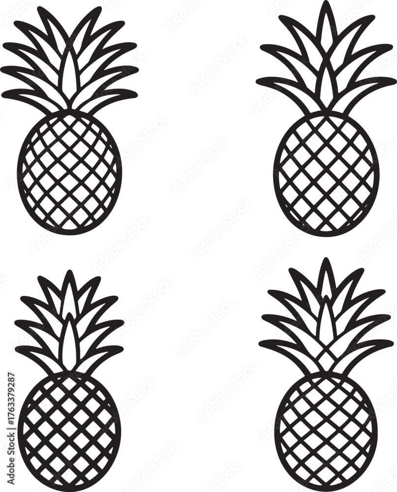 Fototapeta premium Set of Pineapple Outline vector illustration isolated On Transparent Background