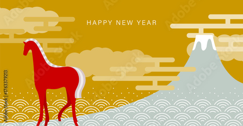 年賀状素材：赤い馬と富士山の華やかで縁起のよい新年デザイン（午年）