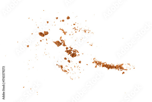 Flying cookie crumbs, crunchy biscuit pieces explosion with brown crispy texture for dessert design, bakery ingredient concept, sweet snack decoration, and food background element