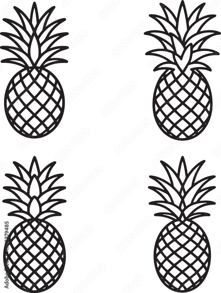 Fototapeta premium Set of Pineapple Outline vector illustration isolated On Transparent Background