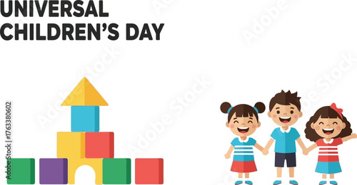 Celebrating universal childrens day with colorful blocks and happy children