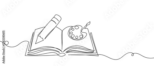 One continuous line design of an open book, pencils and a palette. simple linear style Editable stroke. Doodle vector illustration