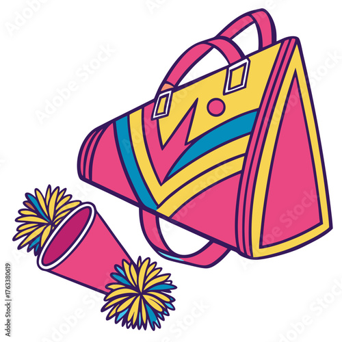 Pink and yellow duffel bag with blue accents and two pink pom poms Keywords: duffel bag, gym bag, sports bag, luggage, pink, yellow, blue, pom pom, cheerleading, accessory, equipment, travel