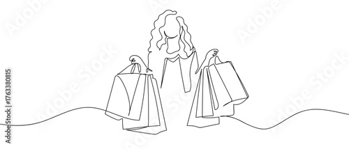 One continuous line design of a woman holding a shopping bag. simple linear style Editable stroke. Doodle vector illustration