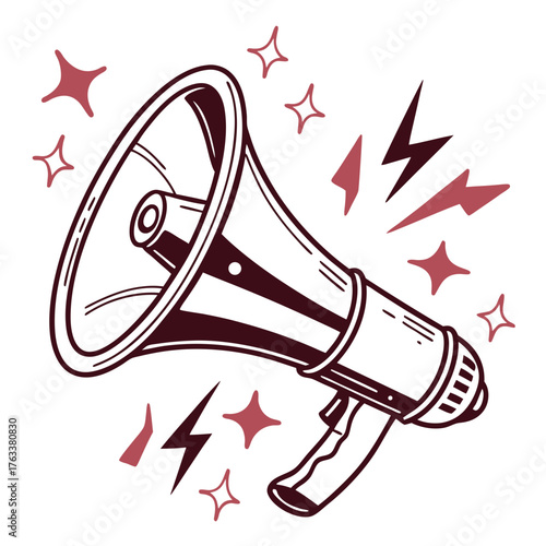 Stylized Megaphone with Stars and Lightning Bolts on White Background Keywords: megaphone, bullhorn, announcement, shout, loud, sound, communication, protest, rally, event, sports, cheerleading