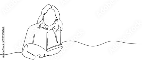 A single continuous line design of a woman sitting with her chin on her hand reading a book. simple linear style Editable stroke. Doodle vector illustration