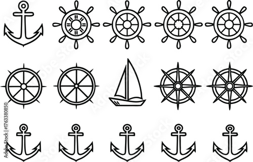 Boat and Ship Elements Illustration. Marine Transport Elements Set. Nautical Boat and Ship Collection. Ocean Vessel and Boat Artwork. Sailing and Marine Icon Set. Watercraft and Ship Outline Design
