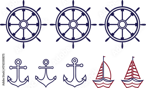 Boat and Ship Elements Illustration. Marine Transport Elements Set. Nautical Boat and Ship Collection. Ocean Vessel and Boat Artwork. Sailing and Marine Icon Set. Watercraft and Ship Outline Design