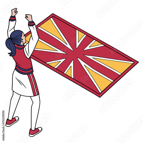 A cartoon cheerleader in a red and white uniform holding the flag of North Macedonia on a white background Keywords: cheerleader, cheerleading, sport, team, school, spirit, performance, dance