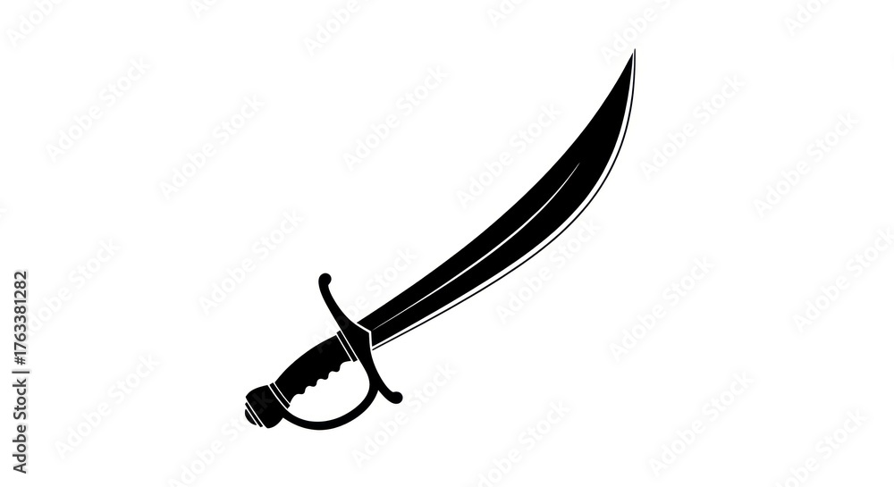 Fototapeta premium Black and white illustration of a pirate cutlass sword, a classic weapon with a curved blade and hilt, isolated on a clean white background.