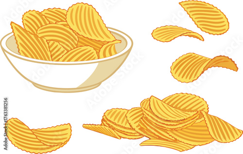 Heap of crunchy yellow potato chips vector illustration isolated on white for an unhealthy fried snack closeup