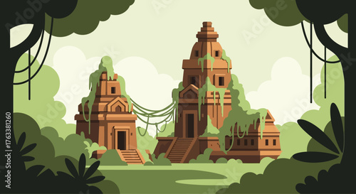 Ancient Jungle Temple Ruins Overgrown with Lush Green Vegetation.