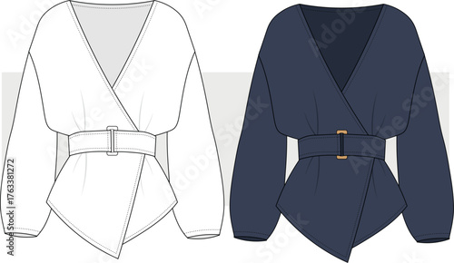Women's stylish belted jacket technical drawing, illustration. Blouse, jacket, top vector. CAD, Mockup.