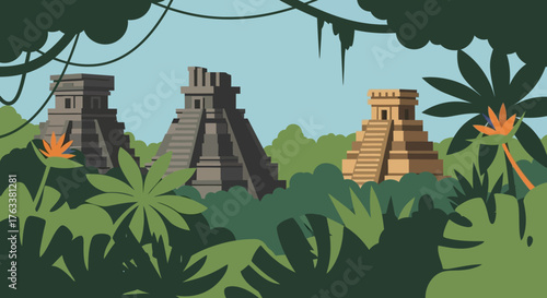 Ancient Mayan Temples in Lush Jungle Environment.