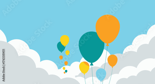 Colorful Balloons Floating in a Cloudy Blue Sky Illustration.