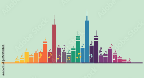 Colorful City Skyline Made of Music and Sound Waves.