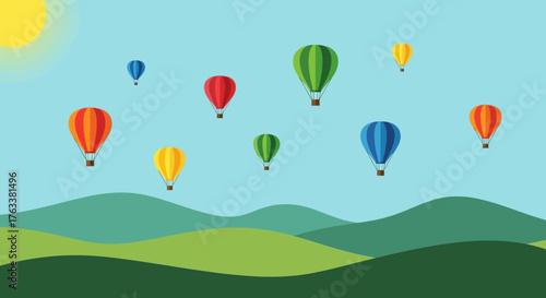 Colorful Hot Air Balloons Floating Over Green Hills.