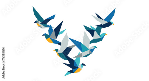 Geometric Birds Flying in a V-Shape Formation.