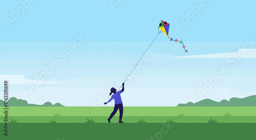 Girl flying a kite in a green field.