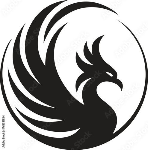 Elegant Phoenix Bird Logo Design — Minimalist Circle Emblem Featuring a Rising Phoenix Silhouette with Flowing Wings, Modern Abstract Firebird Symbol for Branding, Business, and Identity Design