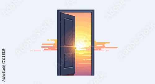 Open Door Revealing a Bright Sunset and New Opportunities.