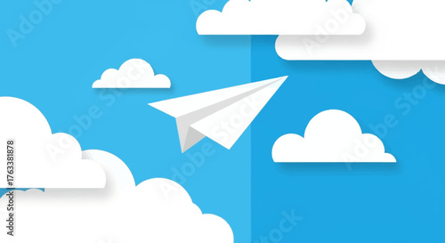 Paper Airplane Soaring Through a Cloudy Blue Sky.