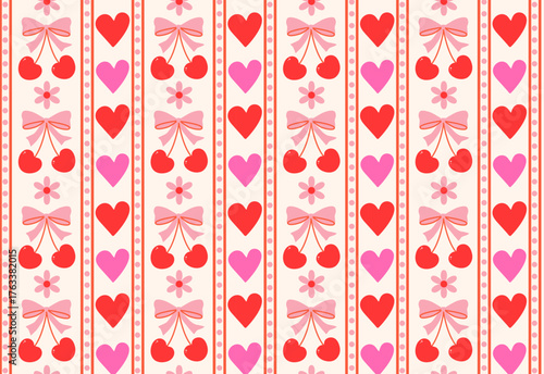 Valentine seamless pattern with vertical stripes featuring cherries with bows, hearts; flat hand drawn vector style. For wrapping paper, fabric, romantic cards, party decor, backgrounds, scrapbook.