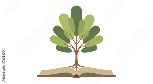 Tree of knowledge growing from an open book illustration.