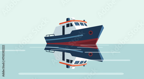 A solitary blue vessel reflected perfectly in the still sea.