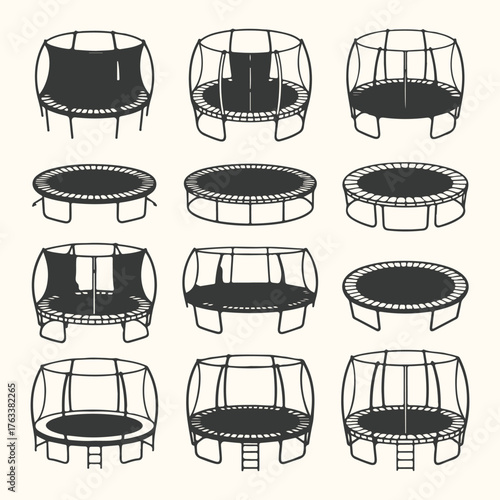 Vector art of collection of various trampoline designs and shapes, isolated on a light background