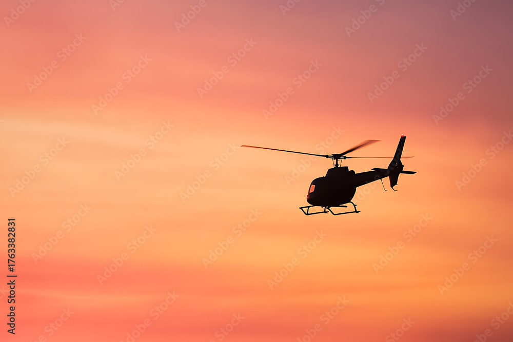 Fototapeta premium A silhouette of a helicopter against a stunning sunset paints the sky with hues of orange and pink, embodying adventure and tranquility. Perfect for travel inspiration.