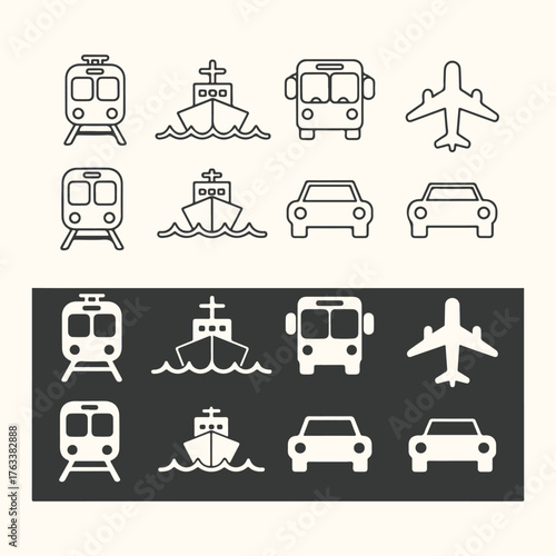 Vector art of collection of transportation icons including train, ship, bus, and airplane