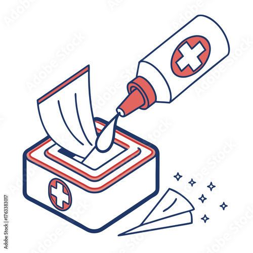 Box of wet wipes with a dropper dispensing liquid and sparkles on a white background Keywords: wet wipes, dispenser, box, cleaning, sanitation, hygiene, liquid, dropper, medical, health, cross