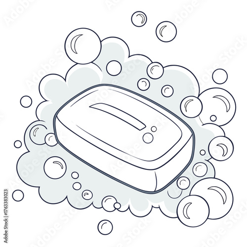 Cartoon bar of soap surrounded by bubbles and foam lather