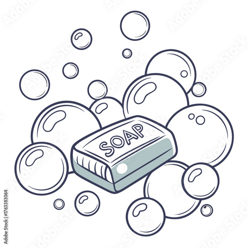 Cartoon bar of soap with the word SOAP and bubbles foam lather