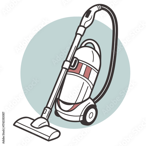 Cartoon drawing of a red and white canister vacuum cleaner with a blue circle background Keywords: vacuum cleaner, canister vacuum, cleaning appliance, household equipment, floor cleaning, suction