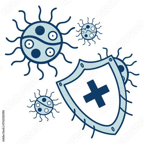 Cartoon shield with a cross symbol defending against cartoon viruses on a white background protection