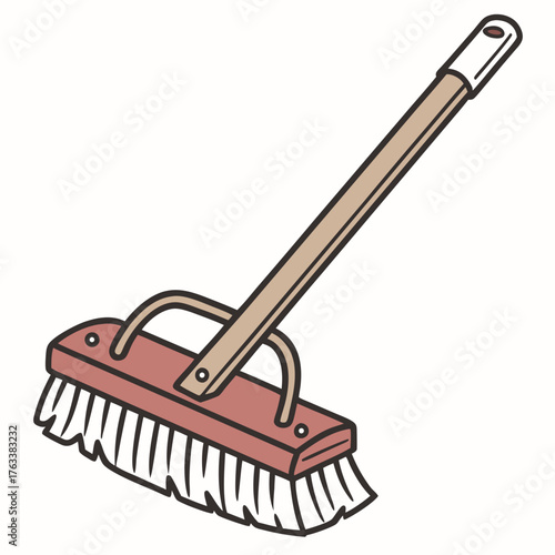 Drawing of a Long Handled Scrub Brush Keywords: scrub brush, cleaning brush, long handle, bristles, cleaning tool, household, domestic, utility, cleaning supplies, maintenance, home care
