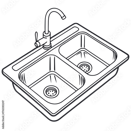 Double basin kitchen sink with faucet and drain on a white background vector illustration