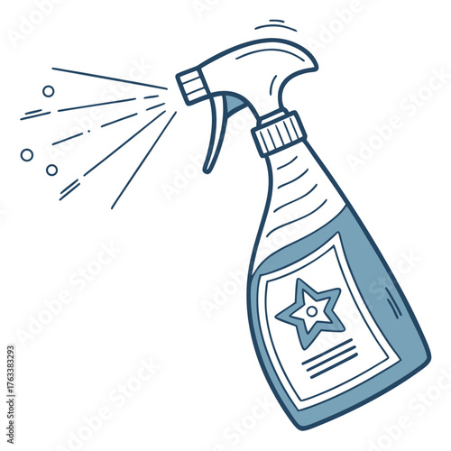Hand drawn illustration of a blue spray bottle dispensing liquid with a star on the label cleaning dispenser