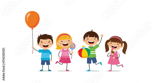 Happy diverse children playing together with toys and balloons.