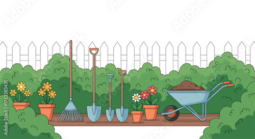 Gardening tools and plants in a garden setting with a fence.