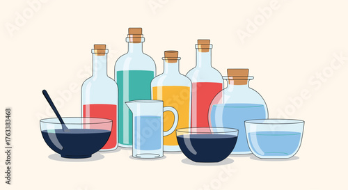 Various bottles and bowls filled with colorful liquids and ingredients.