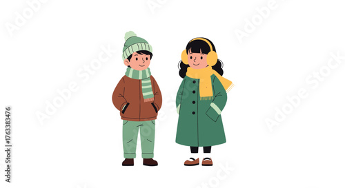 Children in winter clothes standing together.