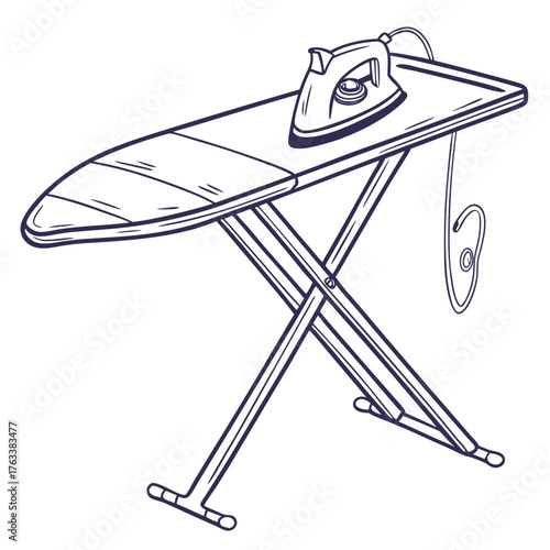 Hand drawn illustration of an ironing board with an iron on a white background Keywords: ironing board, iron, laundry, domestic, household, appliance, cleaning, garment care, pressing, fabric