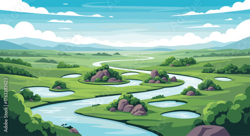 Serene Winding River Through Lush Green Rolling Hills and Ponds.